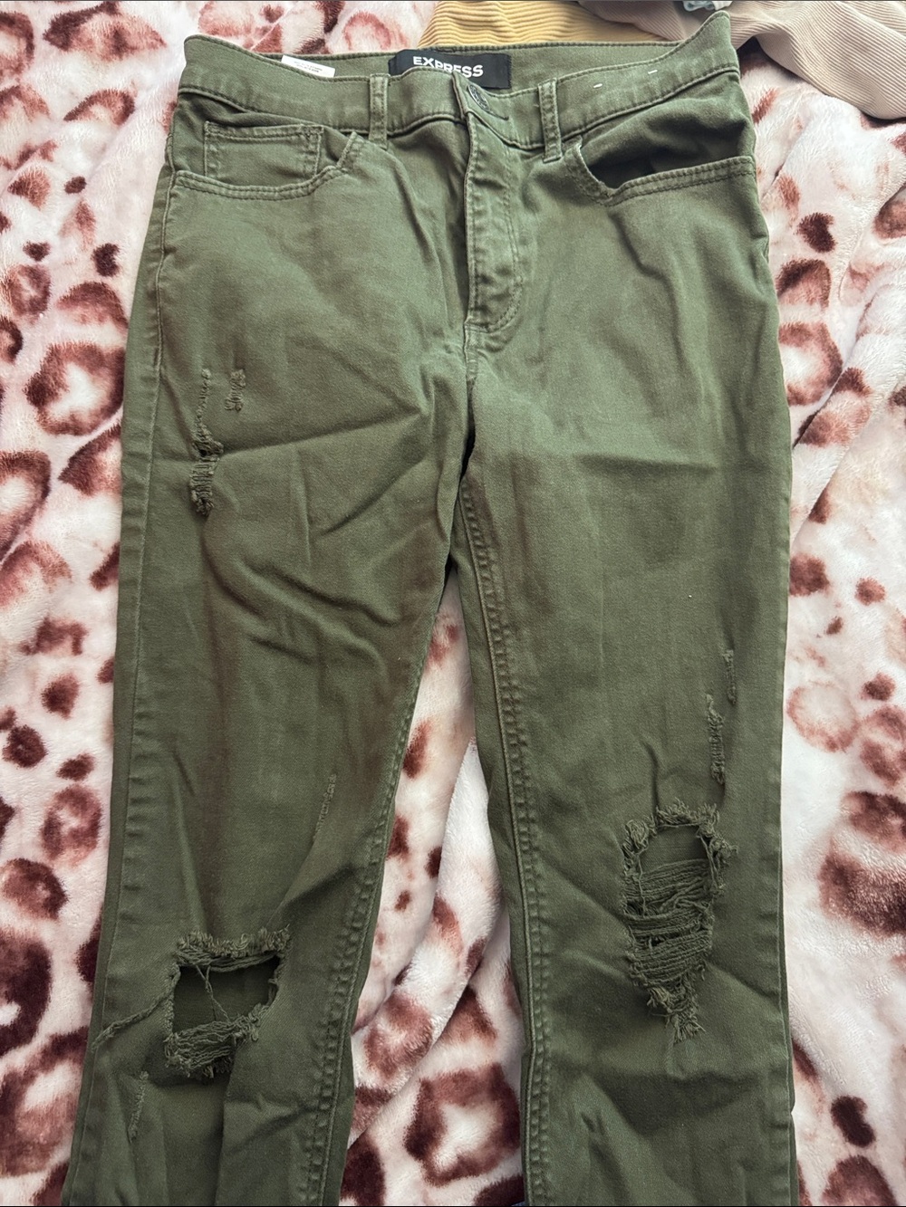 Express Olive Green Distressed Skinny Jeans